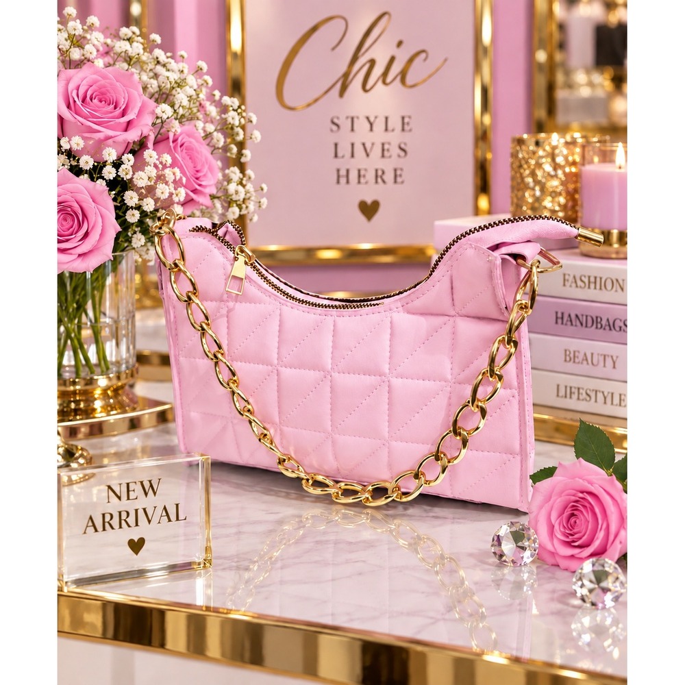 Purse Women Pink Square Pattern with Gold Chain Handle